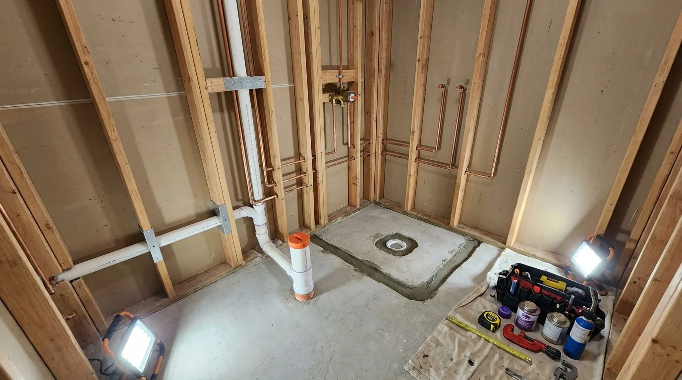 Bathroom rough-in plumbing during remodel by Johns Plumbing LLC in Andalusia