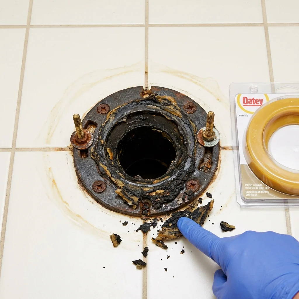 Failed wax ring showing water seepage at the base of a toilet in a Andalusia, IL home