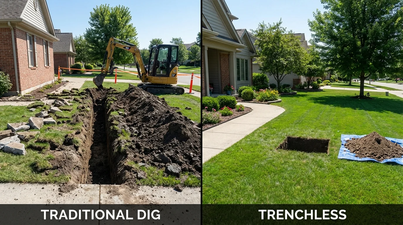 Trenchless sewer repair with minimal yard damage versus traditional excavation in Andalusia, IL